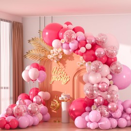 136pcs Pink Balloons Garland Arch Kit, 18 12 10 5 inch Hot Pink Metallic Confetti Pink Balloons for Birthday, Engagement,Wedding, Baby Shower, Anniversary, Valentine’s Party Supplies