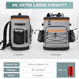 YOUNGOA Large 52cans Cooler Backpack, Insulated, Waterproof, Leak Proof, 30L Large Capacity (Grey)