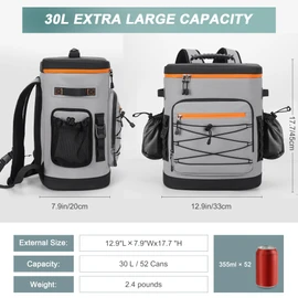 YOUNGOA Large 52cans Cooler Backpack, Insulated, Waterproof, Leak Proof, 30L Large Capacity (Grey)