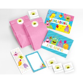 8 invitation cards for children's birthday parties for girls and boys "funny monsters" including 8 envelopes, 8 party bags / light pink, 8 stickers, 8 bookmarks, 8 notepads