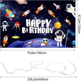 Outer Space Happy Birthday Backdrop Banner Galaxy Planet Astronaut Rocket Photography Background Space Birthday Party Decorations Supplies for Boys Kids 73 × 45 Inches