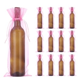 sourcing map 30pcs Organza Wine Bags, 15x5.5 Sheer Mesh Wine Gift Pouches with Drawstrings for Wedding, Birthday and Shower Party Favor, Pink