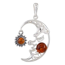 HolidayGiftShops Amber Jewelry for Women - Sterling Silver and Baltic Honey Amber Pendant Necklace Crescent Moon, Includes 925 Sterling Silver Chain, Made in Poland