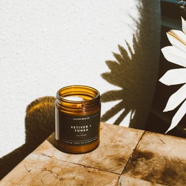 Calyan Wax Soy Wax Candle, Vetiver & Tonka Scented Candle for The Home | Premium Candle with Essential Oils | 7.2 oz 57 Hour Burn | Soy Candle in Amber Glass Jar | Aromatherapy, Gift
