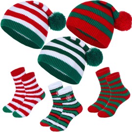 Suhine 6 Pcs Christmas Hats and Socks Christmas Knitted Santa Hats Christmas Fuzzy Socks for Adult Christmas Party Gift(Classic Style)