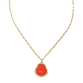Gold Plated Laughing Buddha Pendant Necklace Ring Set Green Jade Smiling Laughing Buddha Necklace Cubic Zirconia Gemstone Lucky Amulet Jewelry Set for Women Men (red)