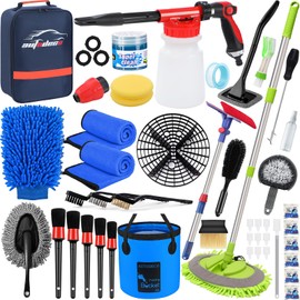 AUTODECO 44Pcs Car Wash Detailing Kit Cleaning Kits with Foam Gun Sprayer Wash Mop with Long Handle Collapsible Bucket Large Wash Mitt Towels Complete Interior Exterior Car Washing Supply Set Blue