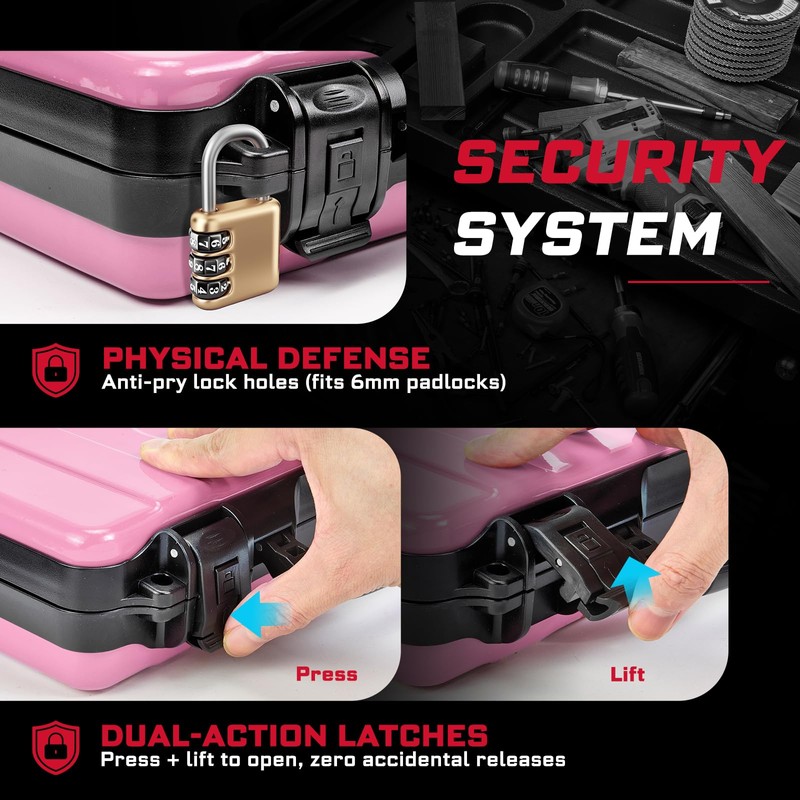 Geinxurn 11”Pink Tools Box, Portable Steel Heavy-duty Tool Case with