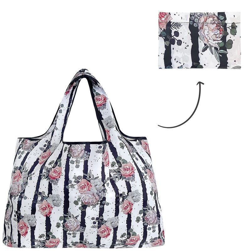 allydrew Large Foldable Tote Nylon Reusable Grocery Bags, Rose &