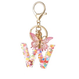 Fashion Alphabet Initial Letter Keychain Tassel Butterfly Pendant Key Ring for Purse Handbags Women Girl (Pink, One size)