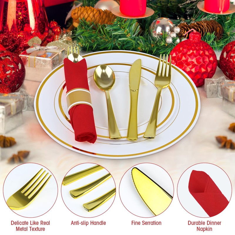 Pre Rolled Gold Plastic Silverware with Red Napkins, 100Pack Red