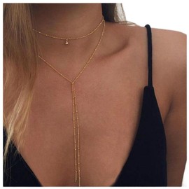 Iaceble Bohemia Layered Y Necklace Chain Gold Satellite Lariat Choker Necklace Long Y Shape Necklace Long Y Drop Necklace Chain Jewelry for Women and Girls