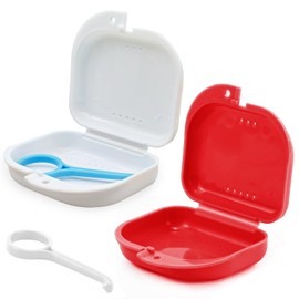 Keedolla Dental Retainer Container Case Holder with Aligner Removal, 2 Pcs Denture Holder Case Mouth Guard Holder for Invisable Aligner, Braces and Teeth Mouth Tray - Red and White