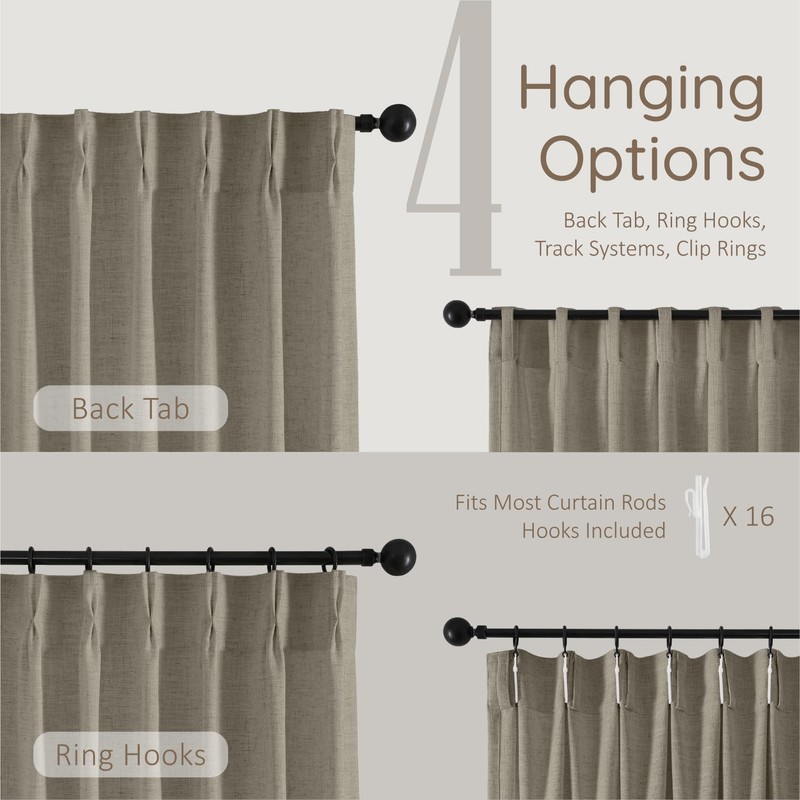 Pinch Pleated Semi Sheer Linen Curtains 108 Inches Long, Taupe