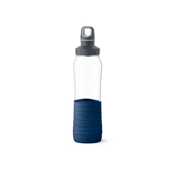 Emsa N31006 Drink2Go Glass Drinking Bottle, Capacity: 0.7 Litres, Screw Cap, 100% Leak-Proof, Dishwasher Safe, Dark Blue