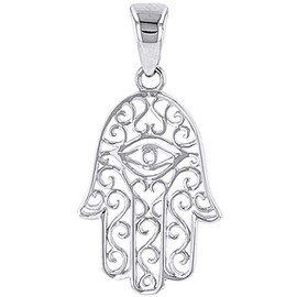 Solid 14K White Gold Filigree Hamsa Hand of Fatima with Evil Eye Charm Pendant