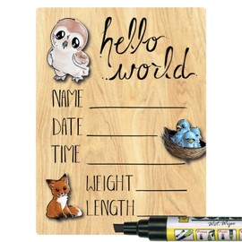Cohas Hello World Newborn Baby Announcement Printed Wood Sign with Woodland Animal Theme, 5 by 7 Inches, Black Marker