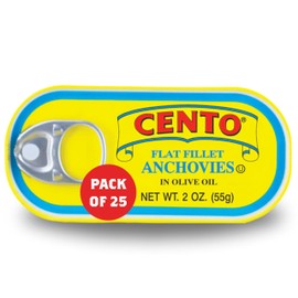 Cento Flat Fillet Anchovies in Olive Oil, 2 Oz (Pack of 25), Firm, Moroccan Skinless, Boneless, Canned Moroccan Anchovies, Easy to Open Pull Top Lid