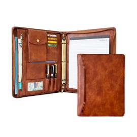 Gvalant 3 Ring Binder Vegan Leather Portfolio, Zippered Portfolio for Men, Letter Size Organizer Folder Padfolio A4 Document Bag for 13.3 inch Tablet Laptop (Brown, Standard)