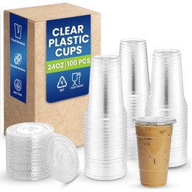 SNH Packing 100-Pack 24 oz Clear Plastic Cups with Straw Slot Flat Lids - Sturdy Disposable Cups for Iced Coffee, Smoothies, Cold Beverages, Milkshakes, To-Go Drinks - BPA-Free & Leak-Resistant