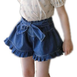 Colorful Childhood Girls Ruffles Jean Shorts Toddler Stretch Denim Bow Skirt Shorts Summer Beach Sports Short Pants Dark Blue 4-5T