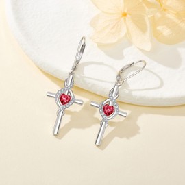 ONEFINITY Cross Earrings for Women 925 Sterling Silver Cross Birthstone Dangle Drop Earrings Infinity Cross Religious Jewelry Gifts for Women (01-Jan-Created Garnet)
