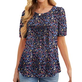 GRECERELLE Womens Summer Tops Casual Dressy Soft Short Sleeve Tunic Front Pleated Spring Crew Neck Tees T-Shirts Loose Blouse for Ladies (Dark Blue Mimosa, L)