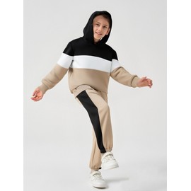 Yhnslsf Boys Clothes Size 10-12 Youth Fall Winter 2 Piece Outfits Size 11 Three Color Blocking Hoodies Workout Sweatshirt and Sweatpants Sweatsuit Cute Outdoor Red Gray White Tracksuit for Kids Boy