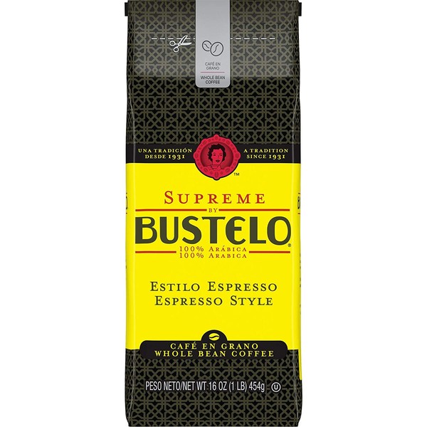 Supreme by Bustelo Espresso Style Dark Roast Whole Bean Coffee, 16 Ounces (Pack of 8)
