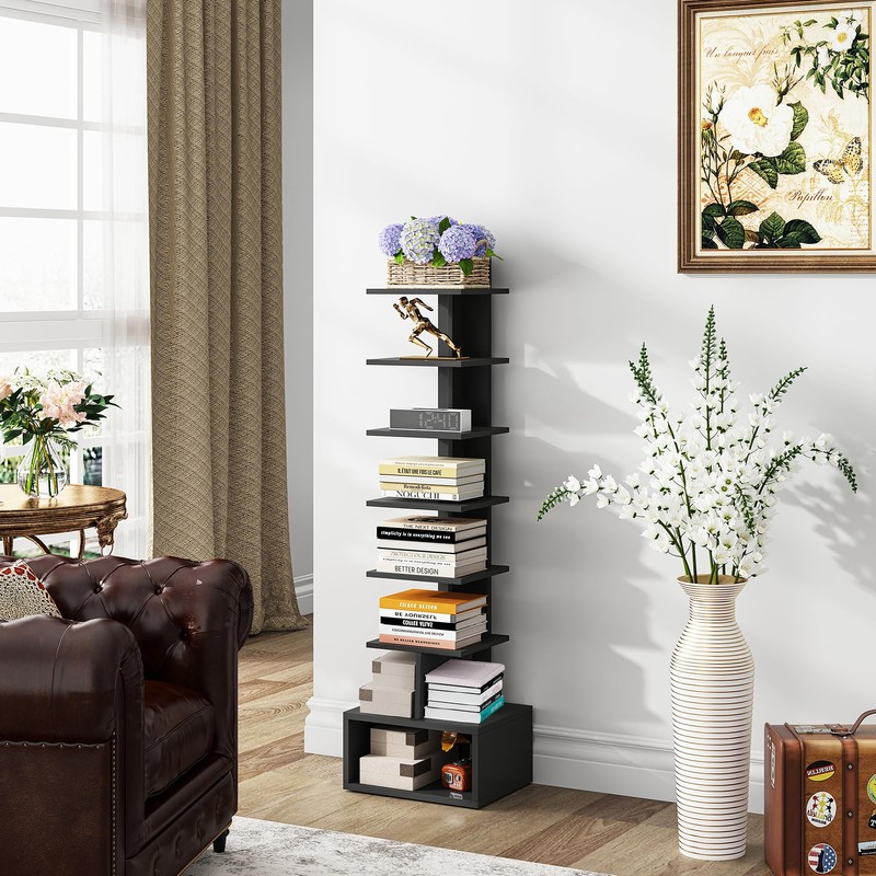 TUTOTAK Narrow Bookshelf, Vertical 8-Tier Bookcase, Spine Book Shelf for