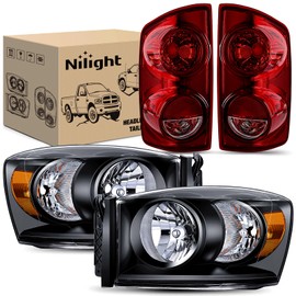 Nilight Headlight and Taillight Assembly Combo Compatible with 2007 2008 2009 Dodge Ram 1500 2500 3500 OE Style Black Housing Amber Reflector with Smoke Housing Tail Lights