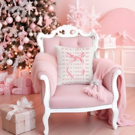 Coquette Pink Bow Pillow Cover 18x18, Jesus Loves Me Christian Pillow Covers, Christian Gifts for Women Girls, Coquette Room Decor, Christian Home Room Decor, Pink Room Decor,685Pillowcover