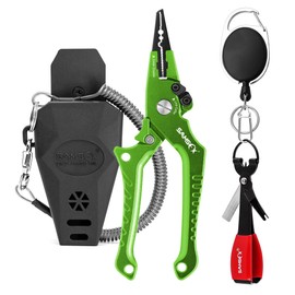SAMSFX Aluminum Saltwater Fishing Pliers Locking with Quick Nail Knot Tying Tool and Zinger Retractor (Green Handle-7'' Split Ring Nose, Fishing Knot Tying Tool)
