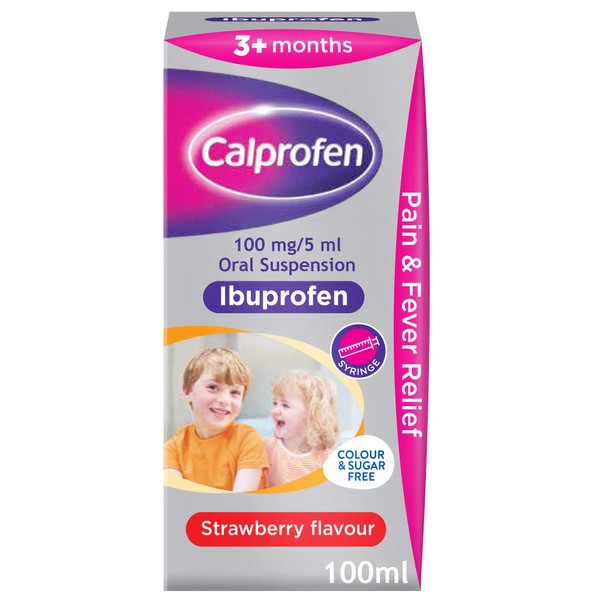 Calprofen Ibuprofen Suspension, Sugar & Colour Free, Pain & Fever Relief for 3+ Months, Strawberry Flavour, 100 ml (Pack of 1)