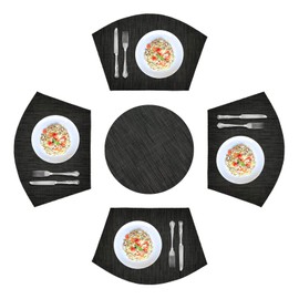 5PCS Round Placemats Wedge Place Mats Sets with Centerpiece Round Table Mats, ZOXILEN PVC Polyester Heat Resistant Non-Slip Placemats for Dining Table(Black)