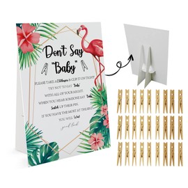 Floral Flamingo Don't Say Baby Game (1 Sign And 50 Mini Natural Clothespins）Don't Say Baby Baby Shower Game, Baby Shower Decorations, Baby Shower Games Gender Neutral, Tropical Baby Shower Game (DS16)
