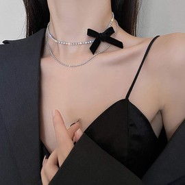 N+A Xerling Boho Dainty Black Bow Layered Choker Necklaces Handmade Rhinestones Pendant Multilayer Adjustable Layering Chain Silver Plated Necklaces Set for Women, Alloy, Rhinestones