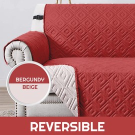 AMEHA Sofa Cover 3 Seater Waterproof Sofa Slipcovers - Reversible Sofa Protectors from Pets & Kids with Adjustable Elastic Straps Embossed Quilted Wshable Couch Settee Covers, Burgundy - Cream