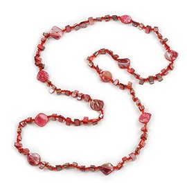 Avalaya Red Glass Bead, Sea Shell Nugget Long Necklace/ 126cm L