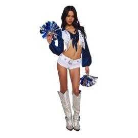 Dolls Kill Lone Star Cheerleader Costume Set by Trickz N' Treatz – Crop Top, Shorts, Vest, Pom-Poms, and Hair Clip – Blue, XX-Large