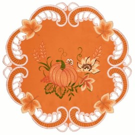 Simhomsen Embroidered Pumpkins Orange Round Doily Placemats for Fall, Autumn and Thanksgiving (Round 15 Inches (Set of 4))