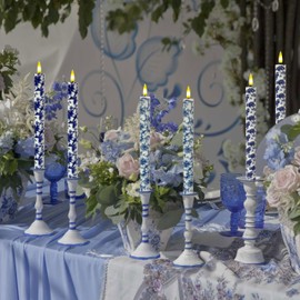 NjaoHoo 9.6" Chinoiserie Flameless Taper Candles with Remote, 6 Pcs Blue and White LED Taper Candlesticks Battery Operated Chinoiserie Decor for Wedding Party Home Table Centerpiece