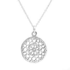 Silverly Women's .925 Sterling Silver Filigree Flower Henna Circle Pendant Chain Necklace, 46 cm