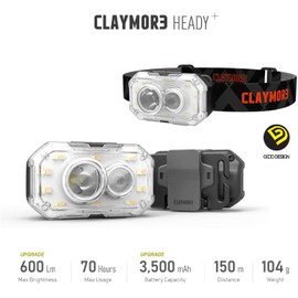 Claymore Heady+ Diffused Red (Black) - USB-C Rechargeable Headlamp, Headlight. 600 Lumens, 3,500mAh Battery. 5 Light Modes Portable LED Lamp for Camping, Outdoor, Hiking & More.