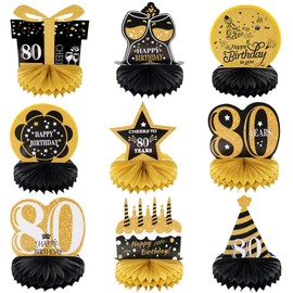 Fumwase 9pcs 80th Birthday Decorations for Men and Women Black Gold Honeycomb Tabletop Centerpieces Happy Birthday Party Supplies Decor Indoor Outdoor Celebrations