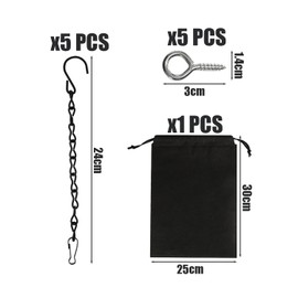 Pack of 5 Black Steel Chains with 5 Screw Hooks, 1 Black Fleece Bag, Hanging Bird House with S Hook and Carabiner, Metal Chain Hook, Flower Pot Chain