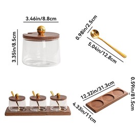 Condiment Containers Set with Acacia Wood Lids and Tray Seasoning Box Condiment Pots Jars with Spoons for Spice Salt Sugar Cruet (Gold Top, 3 Jars with Tray)