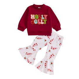 Lesimsam Toddler Baby Girl Christmas Outfit Letter Print Long Sleeve Sweatshirt Bell Bottom Pants Set 2Pcs Winter Clothes (A-Red, 3-4T)