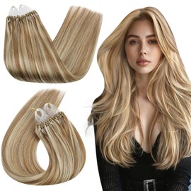 Ugeat Golden Brown Micro Ring Hair Extensions Real Human Hair 18 Inch Highlights Bleach Blonde Human Hair Micro Loop Extensions for Women 50G/50S #10/613