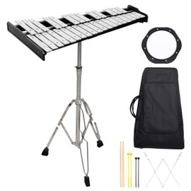 Glockenspiel Bell Kit 32 Notes,Xylophone Bell Kit with 8"Drum Practice Pad,Adjustable Height Stand,Music Sheet Clip,Glockenspiel Mallets,Drumsticks and Carrying Bag,for School Band Beginner Student